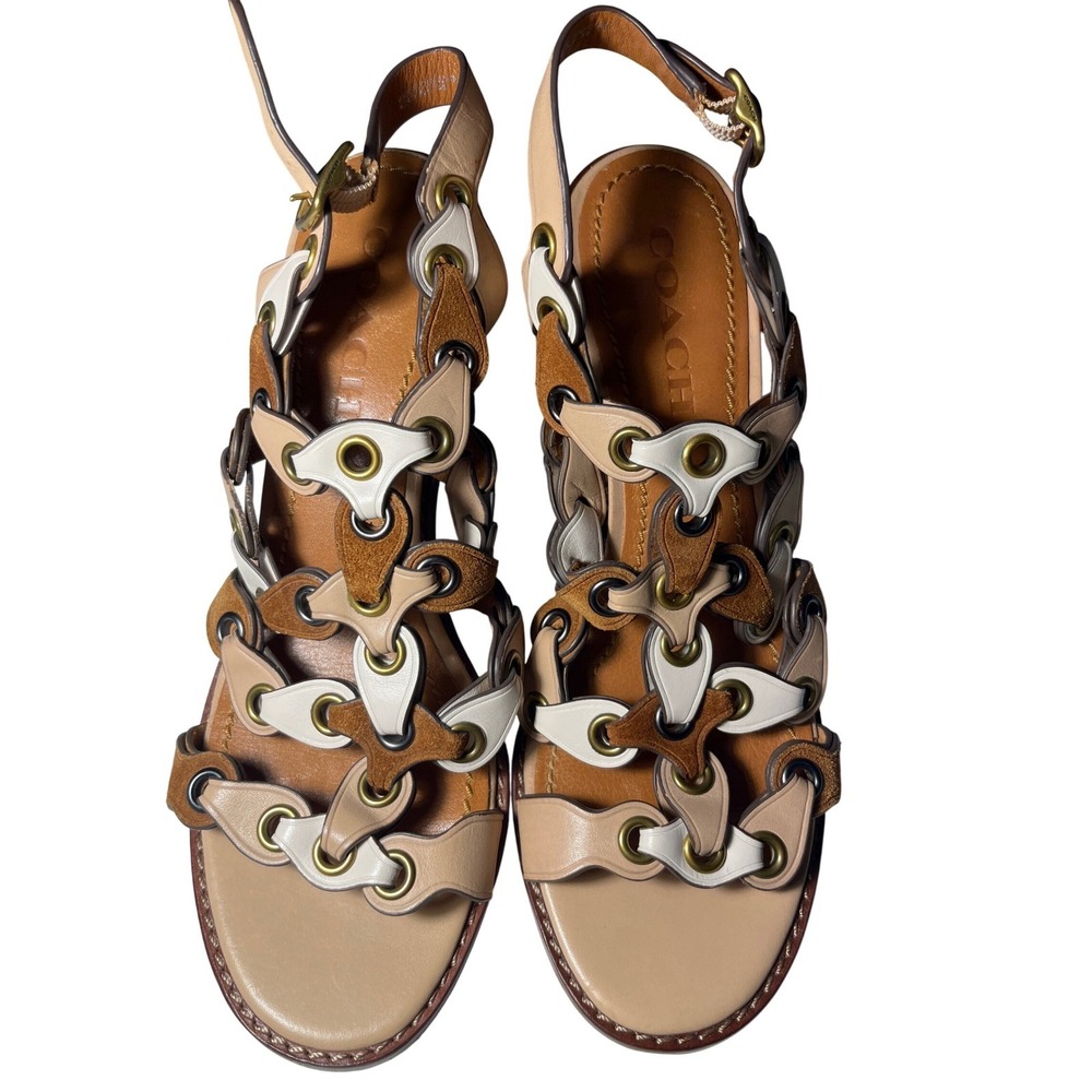 Coach Women Gladiator Block‎ Heel Sandals Tan Brown White Leather Size 7.5 - Picture 3 of 8